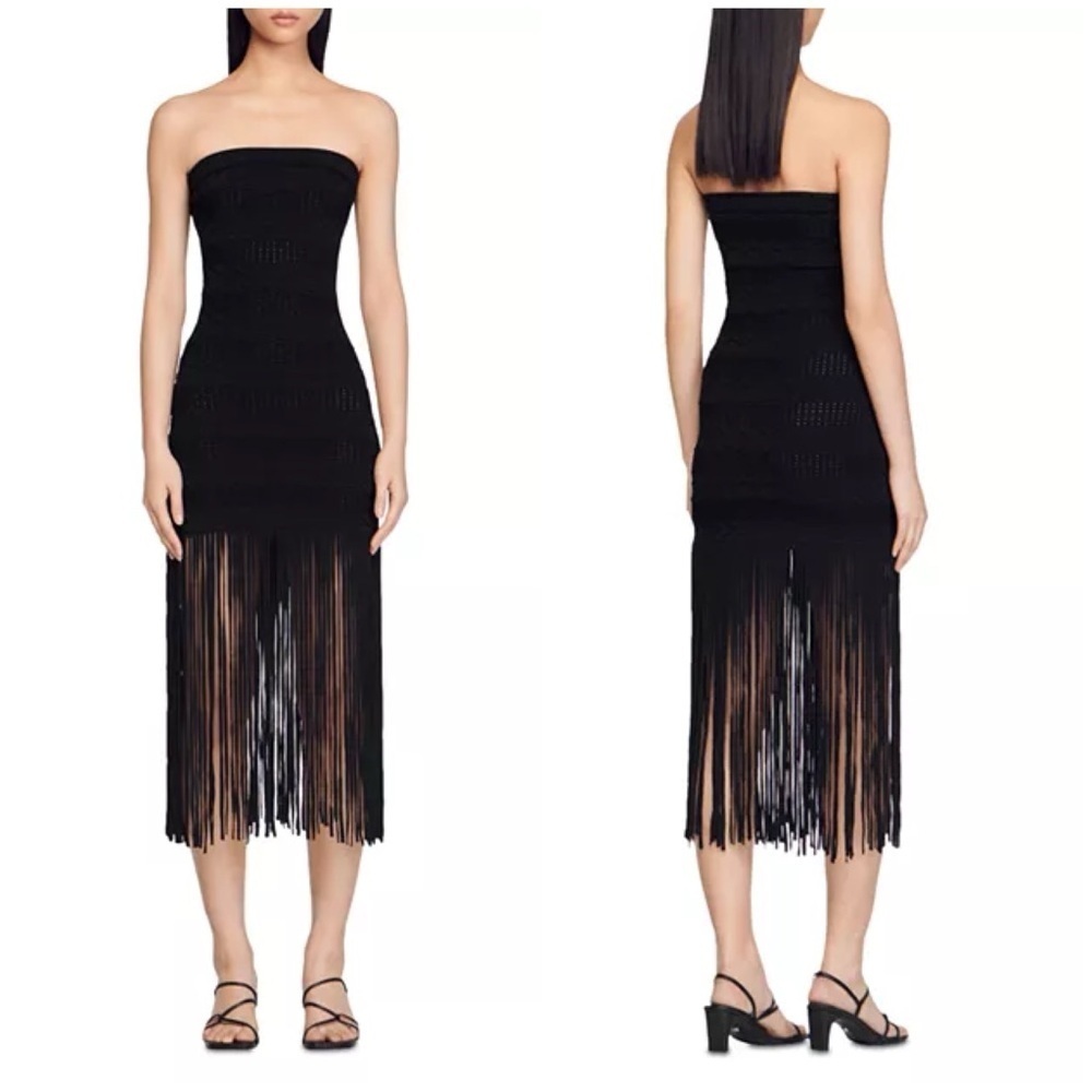 NWT Sandro Maldives Knit Fringe Strapless Dress Black Tight Bodycon Sz 40